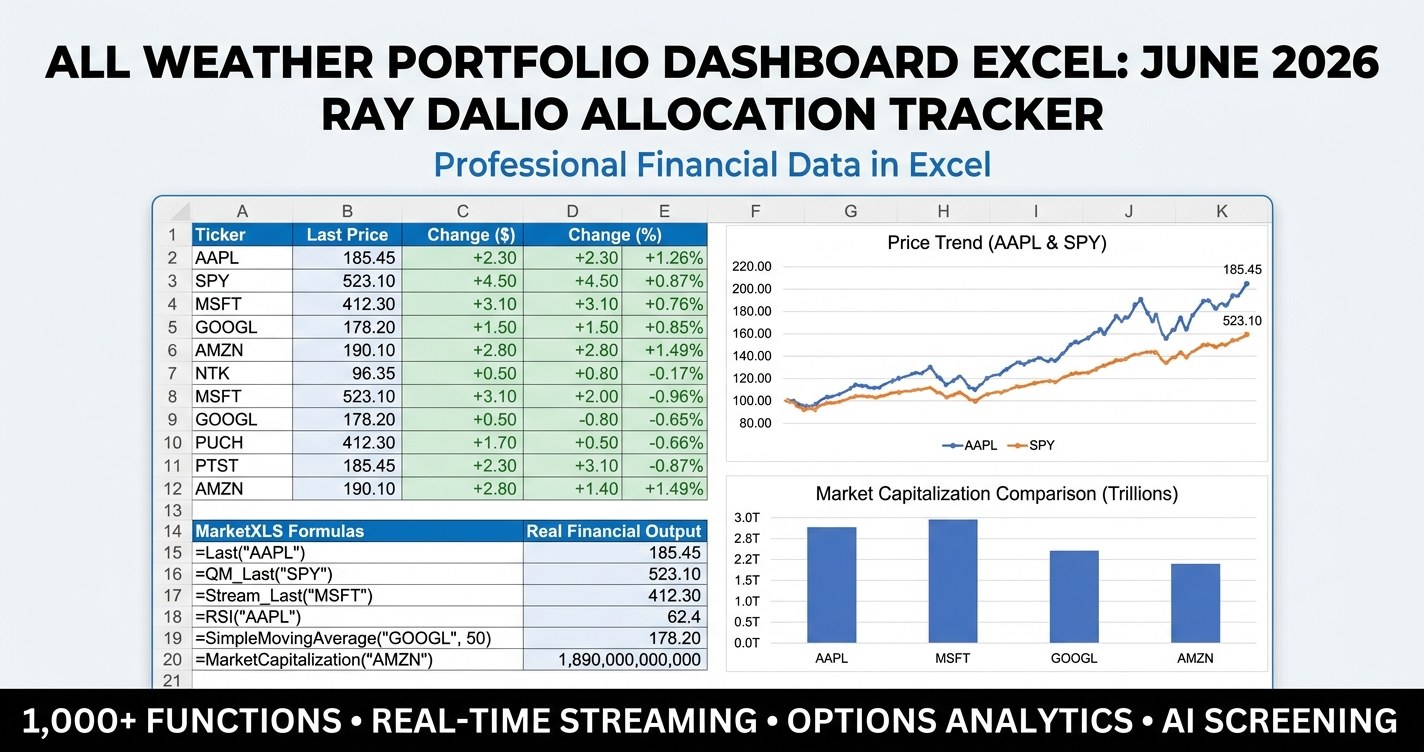 All weather portfolio dashboard excel - Ray Dalio allocation tracker with stocks, bonds, gold, and commodities sleeves