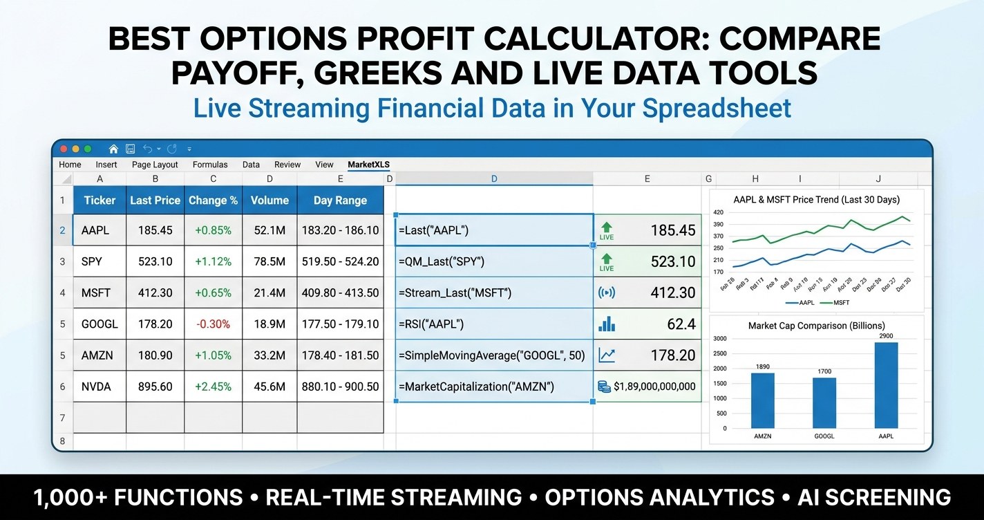 best options profit calculator comparison showing payoff grid, Greeks, breakeven and live option chain data built in Excel with MarketXLS formulas