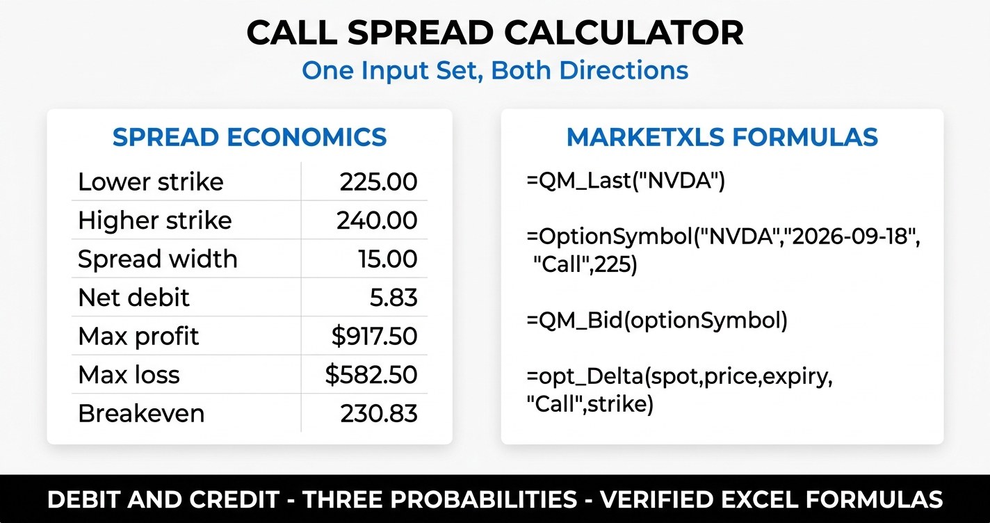 call spread calculator in Excel showing lower strike, higher strike, net debit, max profit, max loss and breakeven powered by MarketXLS formulas