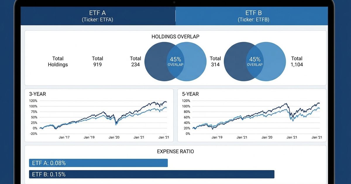Compare ETFs side by side showing holdings overlap percentages, performance charts, and expense ratio differences in FundXLS
