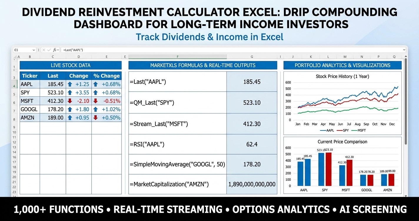 Dividend Reinvestment Calculator Excel DRIP compounding dashboard with KPI tiles charts and screener