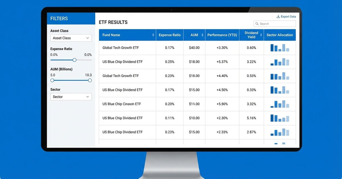 ETF screener showing filtered results with expense ratios, performance metrics, and sector allocation data in the FundXLS screening tool