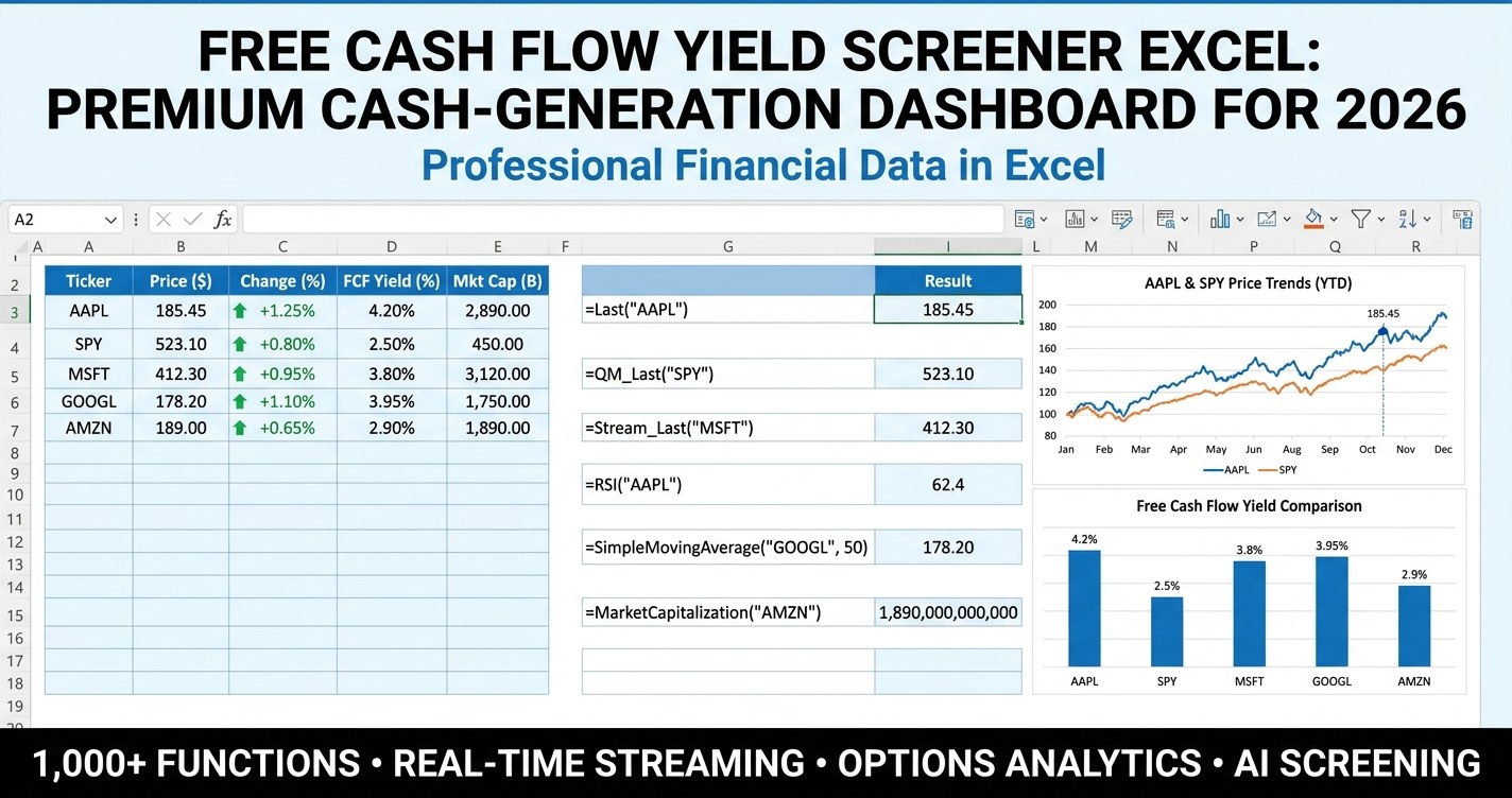 Free cash flow yield screener Excel dashboard ranking large-cap stocks by FCF yield with MarketXLS formulas