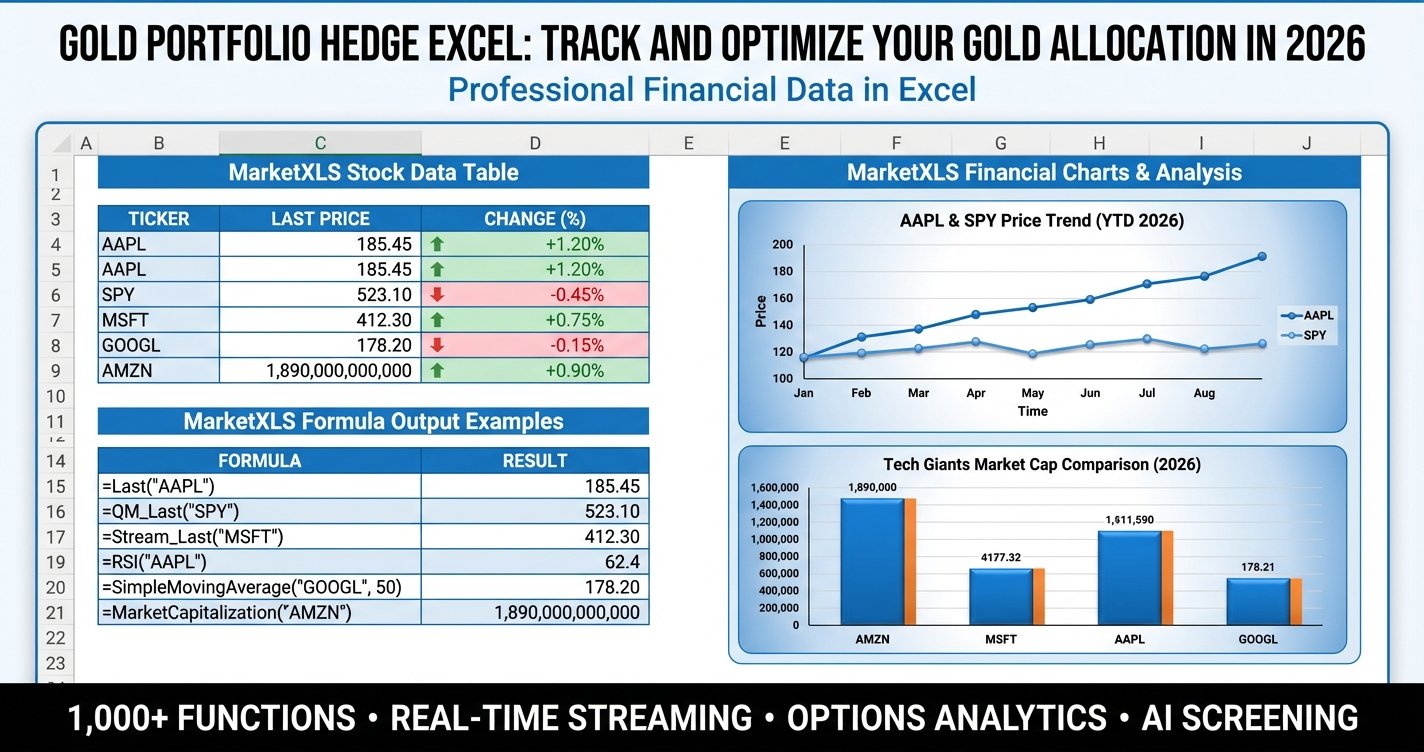 Gold portfolio hedge excel tracker dashboard with MarketXLS formulas for gold allocation and correlation analysis