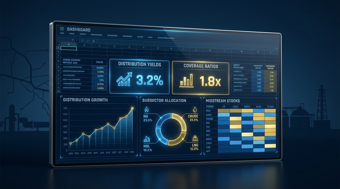 Midstream stocks dashboard excel - premium pipeline and MLP income tracker with KPI tiles, distribution coverage heatmap, and scenario analysis