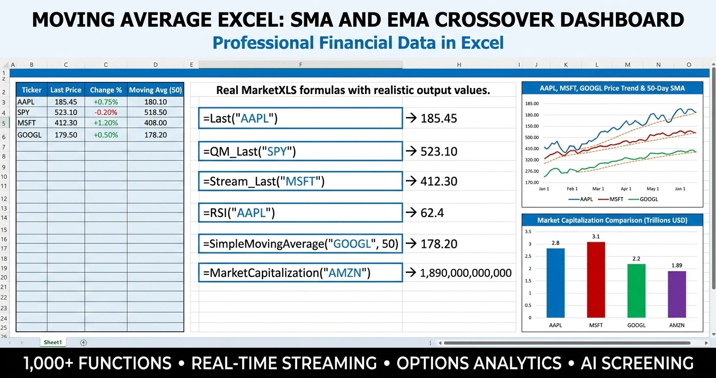 moving average excel dashboard showing SMA 20, SMA 50, SMA 200 and EMA columns with golden cross and death cross states across a large-cap watchlist