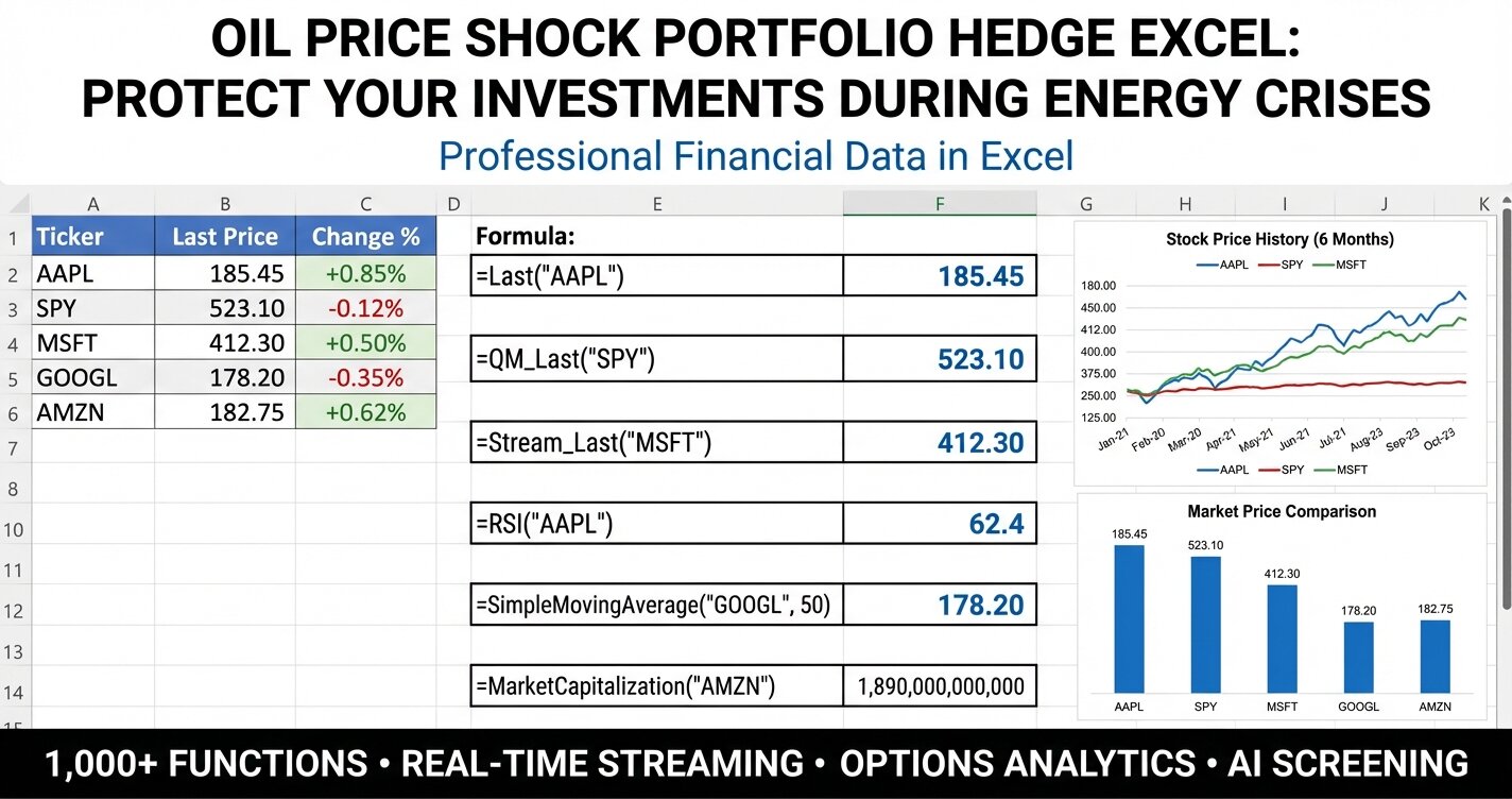 Oil price shock portfolio hedge excel template showing energy exposure analysis and defensive positioning with MarketXLS formulas