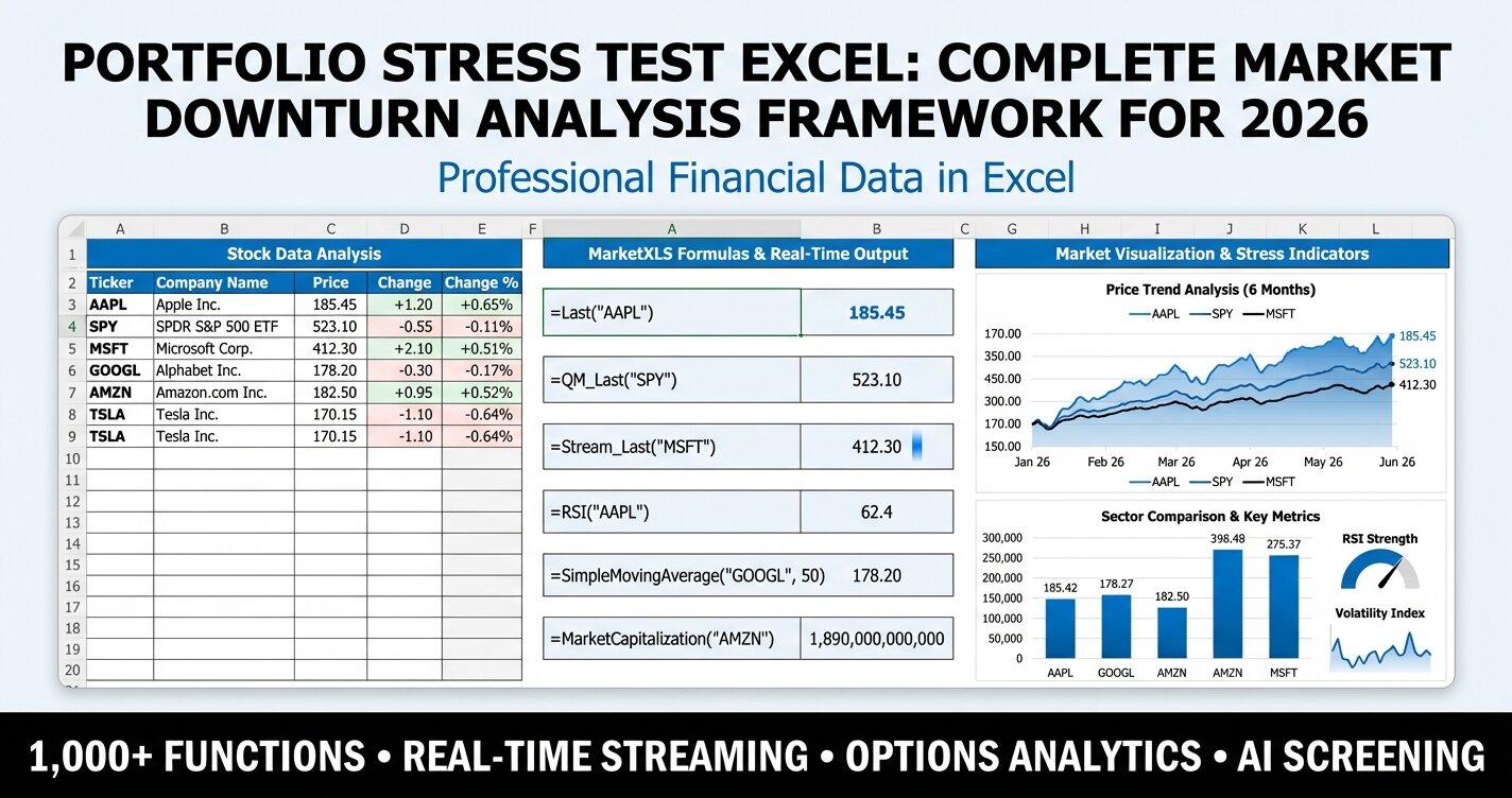 Portfolio stress test Excel dashboard showing market downturn analysis with MarketXLS formulas