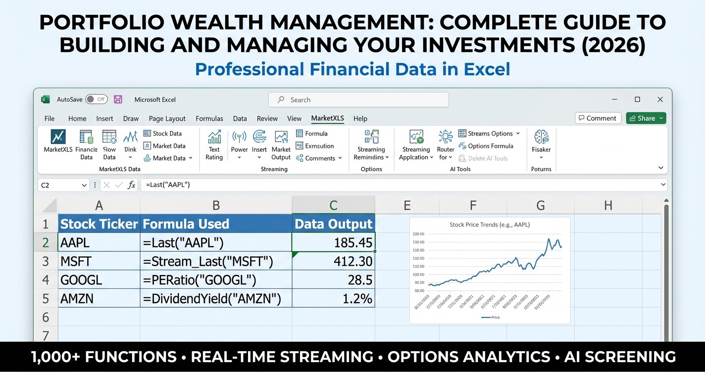 Portfolio wealth management dashboard in Excel using MarketXLS showing asset allocation and risk metrics