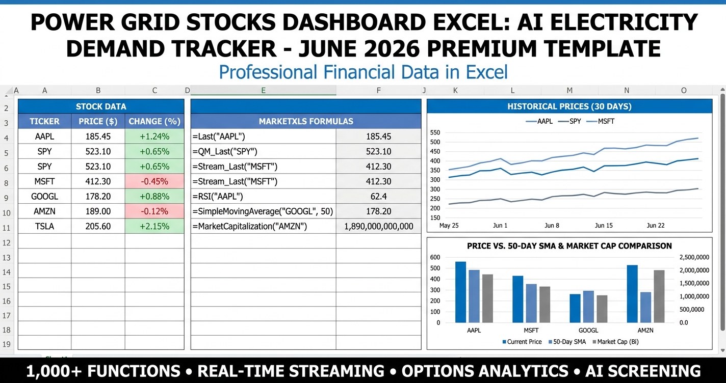 Power grid stocks dashboard Excel template with KPI tiles, sub-sector heatmap, and AI demand score - MarketXLS premium dashboard