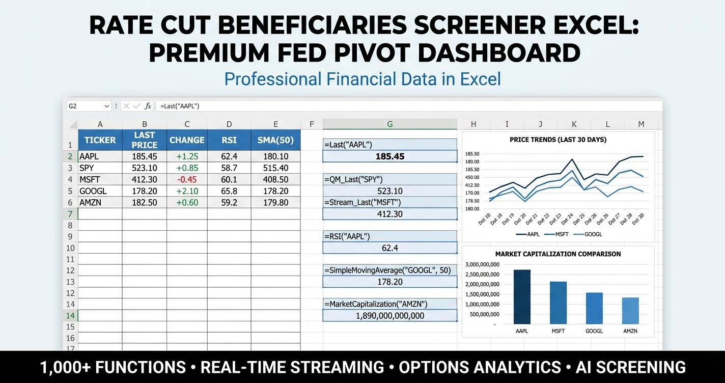 Rate cut beneficiaries screener Excel dashboard showing rate-sensitivity scores, dividend yields, and sector rotation charts built with MarketXLS