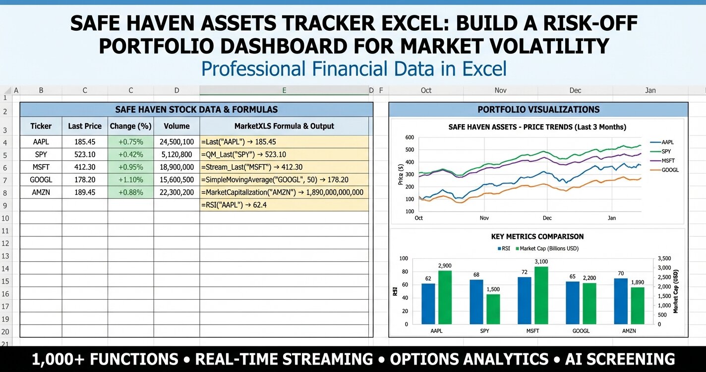 Safe haven assets tracker excel dashboard showing gold treasuries defensive stocks performance during market volatility