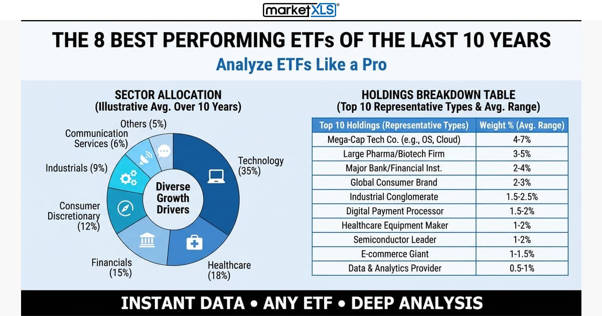 The 8 Best Performing ETFs of the Last 10 Years - ETF holdings and sector allocation analysis in Excel with MarketXLS