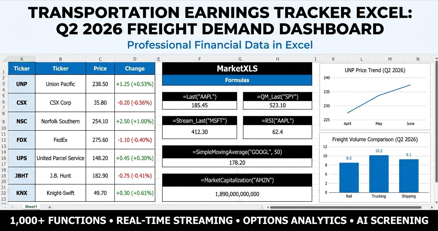 Transportation earnings tracker excel Q2 2026 freight demand dashboard with operating ratios, revenue growth, valuation, and freight health scores for railroads, truckers, and parcel stocks