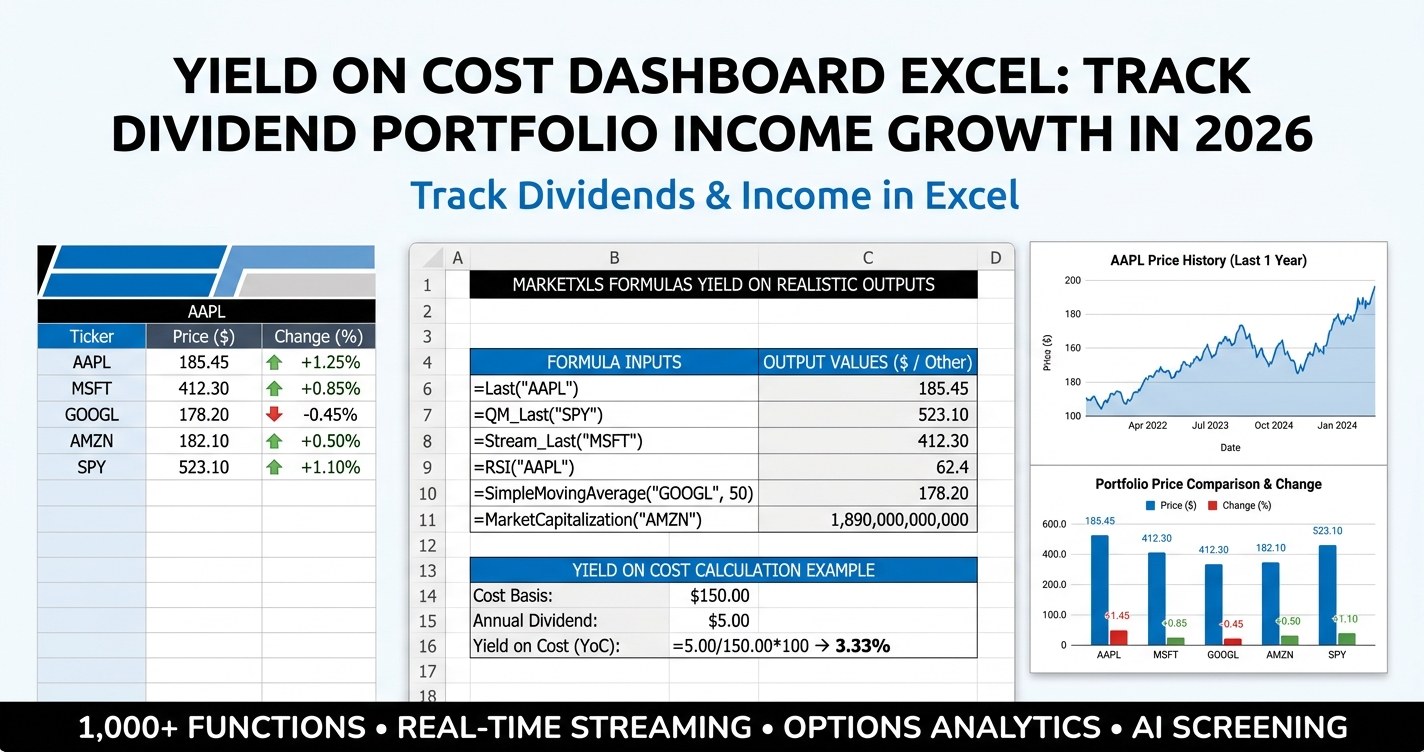 Yield on cost dashboard excel - premium dividend portfolio tracker with KPI tiles, sector heatmap, and income projection