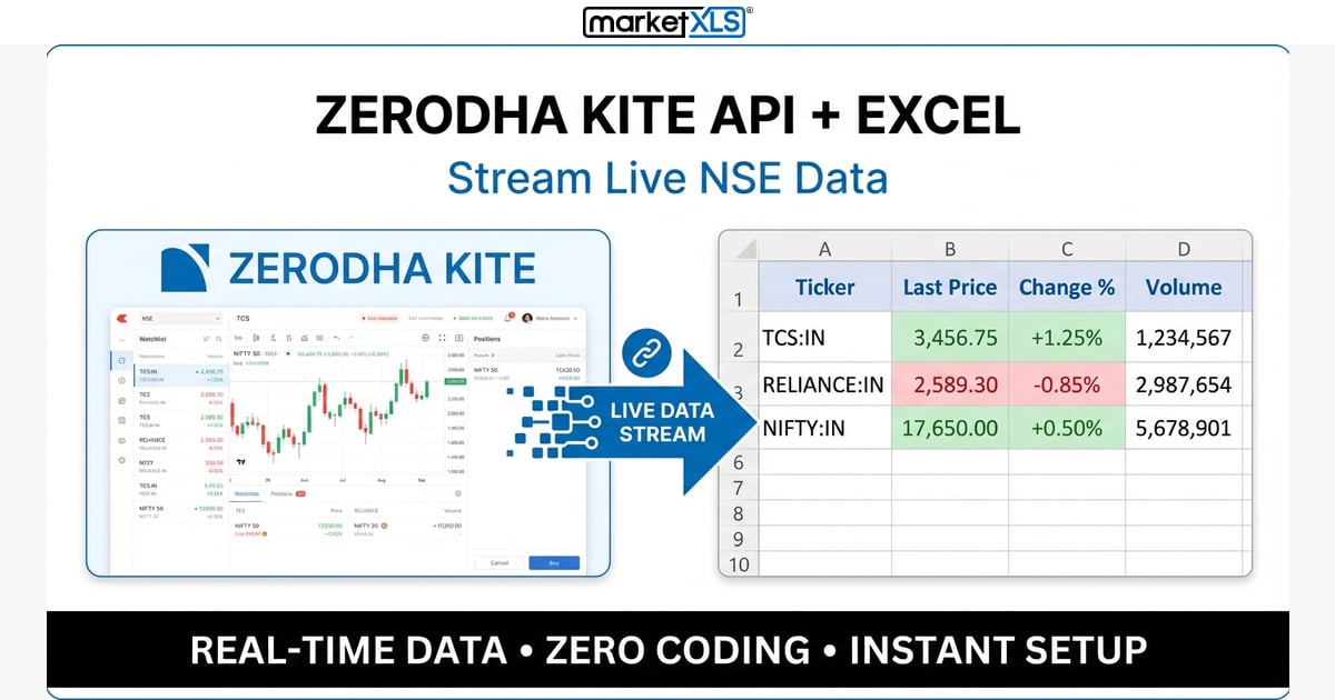 Connect Zerodha Kite API with Excel - live NSE stock data streaming and real-time market data in Excel with MarketXLS India