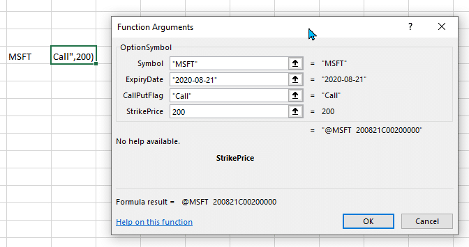 Option symbol creation function
