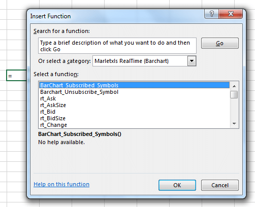 Real time functions. Insert function: BarChart subscribed symbols