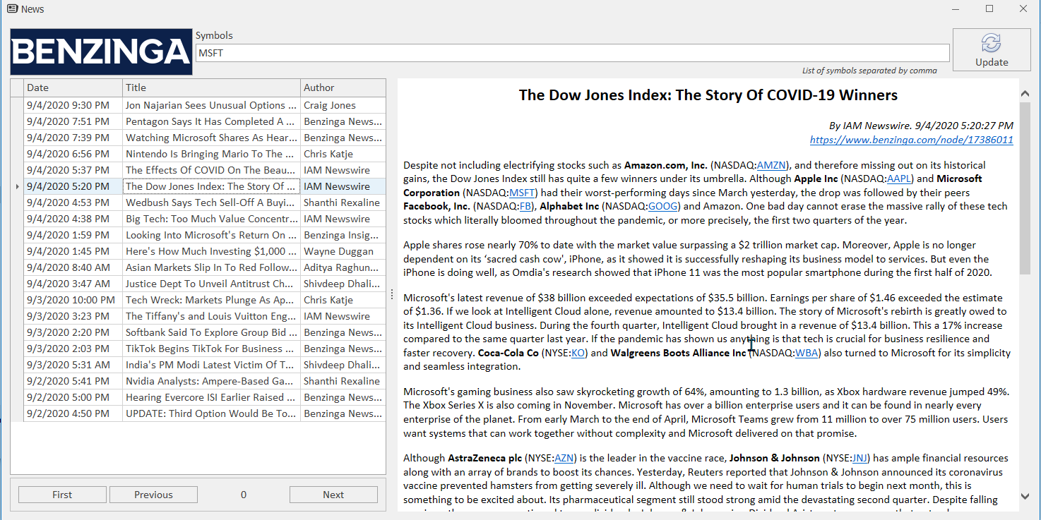 Benzinga news integration in MarketXLS
