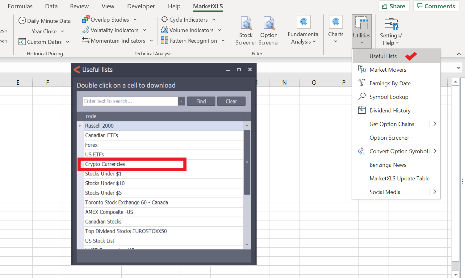 Crypto currencies menu item in MarketXLS