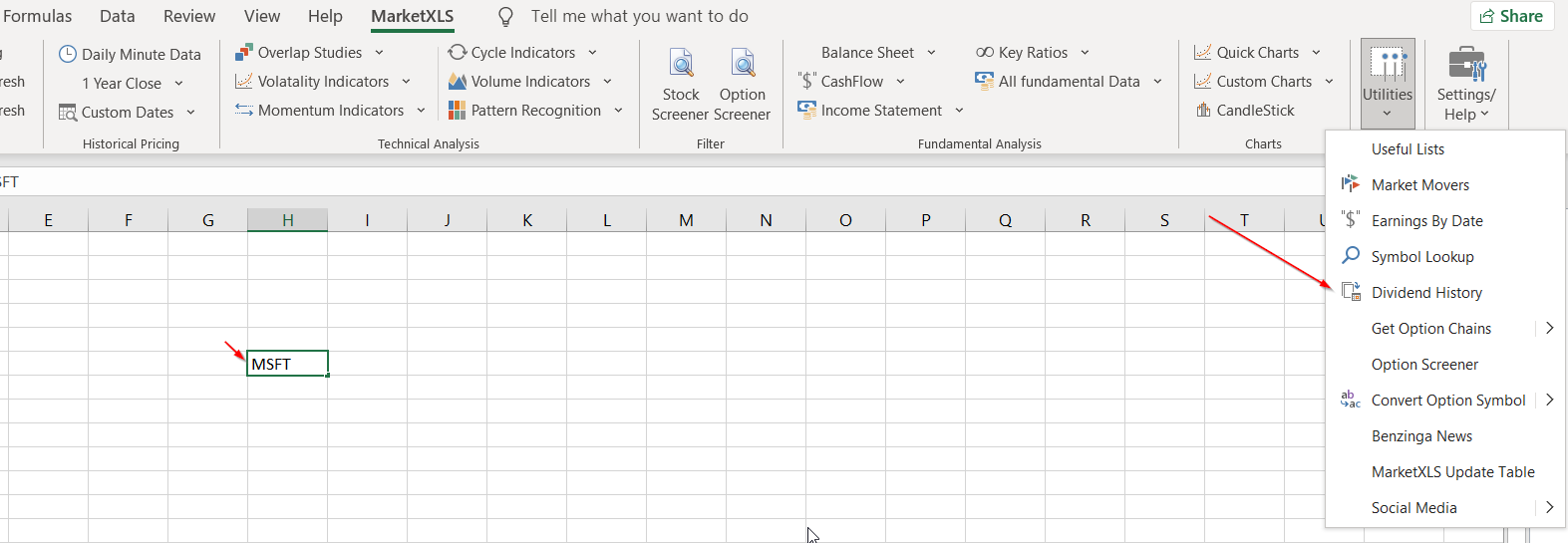 Dividend history tool in MarketXLS