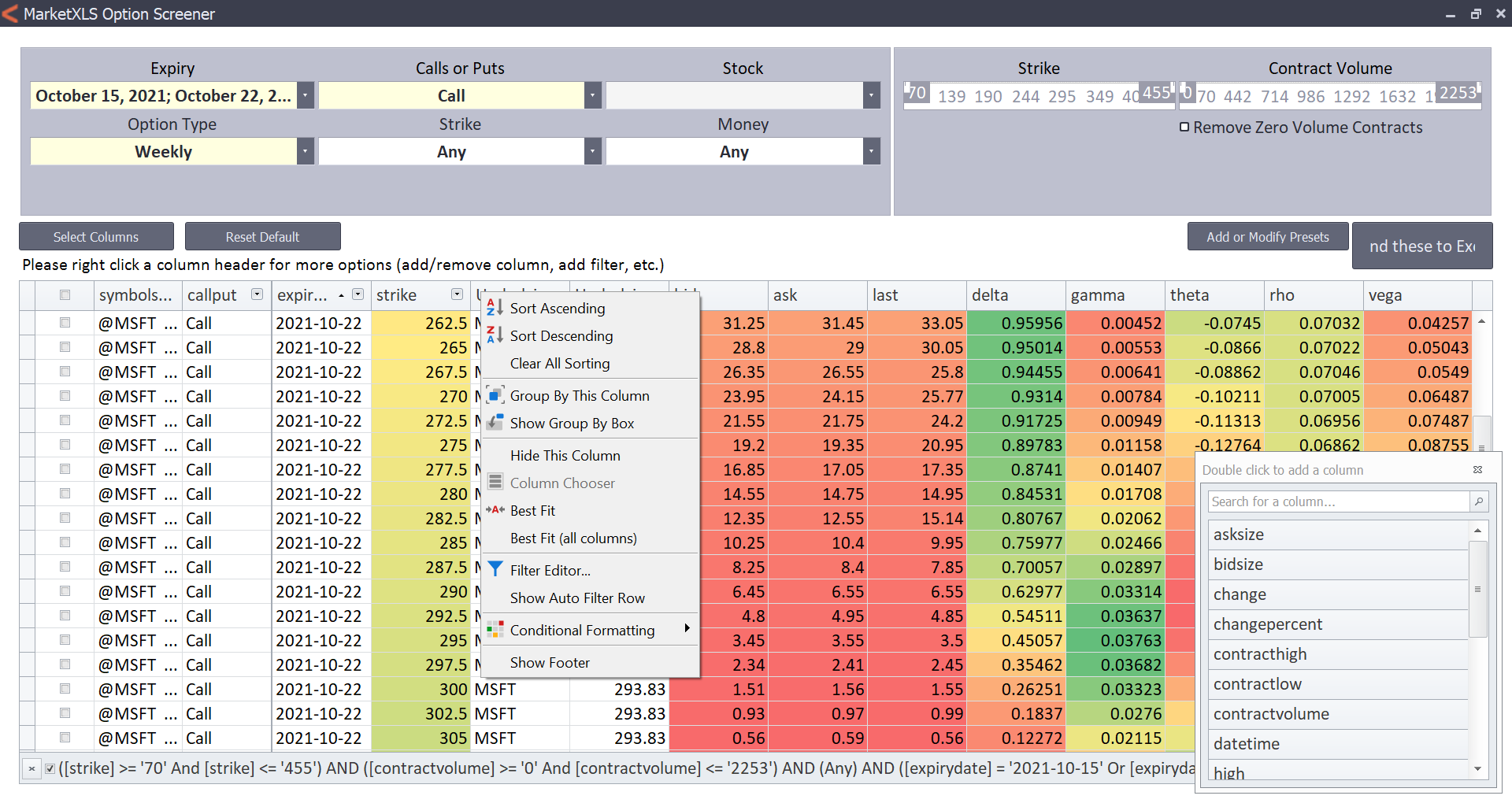 MarketXLS option scanner showing filtered results