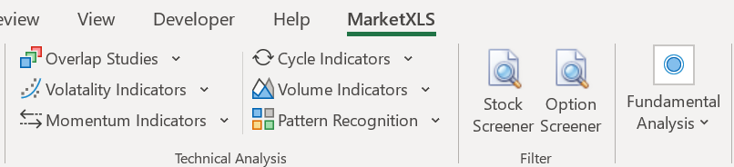 MarketXLS top panel in Excel showing options scanner access