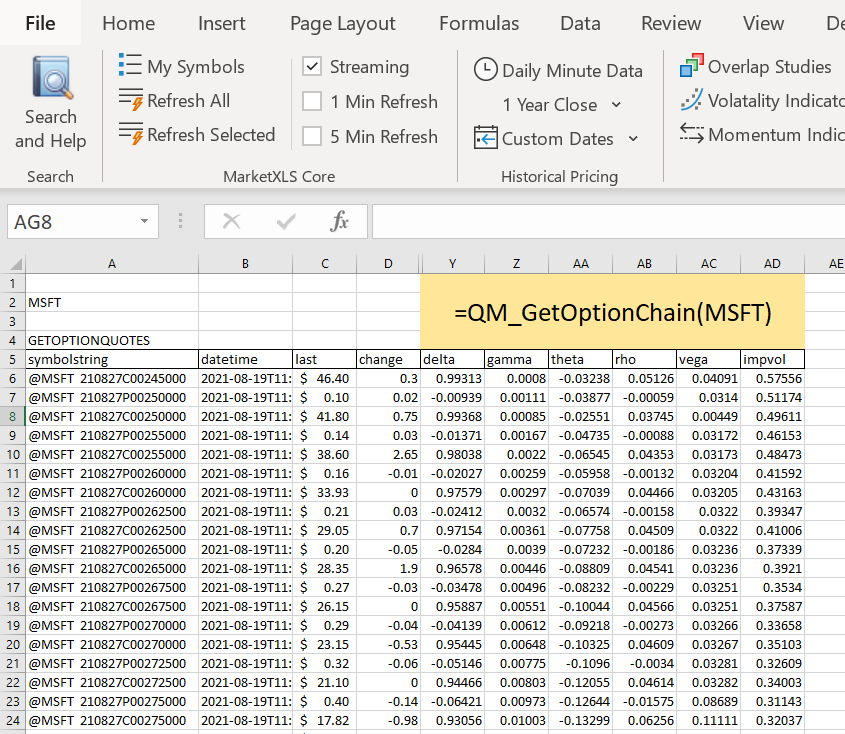 QM_GetOptionChain(MSFT) showing options chain with Greeks