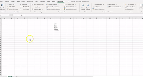 Watch list feature in Excel showing stock ticker management