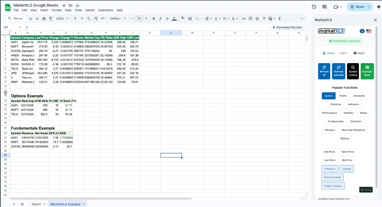 MarketXLS add-on inside Google Sheets, with a sidebar of market-data functions beside stock, options and fundamentals examples